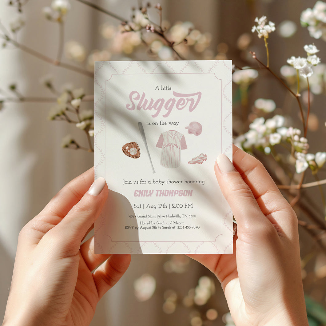 Corjl editable pink little slugger in on the way baby shower invitation 2016