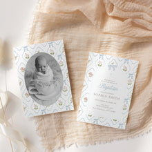 Load image into Gallery viewer, Coquette Bow Baptism Invitation Template, Blue Whimsical Floral Christian Girl Baptism 0502
