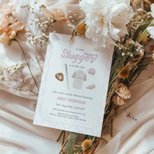 Load image into Gallery viewer, Corjl editable pink little slugger in on the way baby shower invitation 2016
