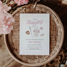 Load image into Gallery viewer, Corjl editable pink little slugger in on the way baby shower invitation 2016
