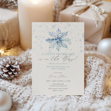 Load image into Gallery viewer, 2024 blue little snowflake is on the way winter wonderland invitation template
