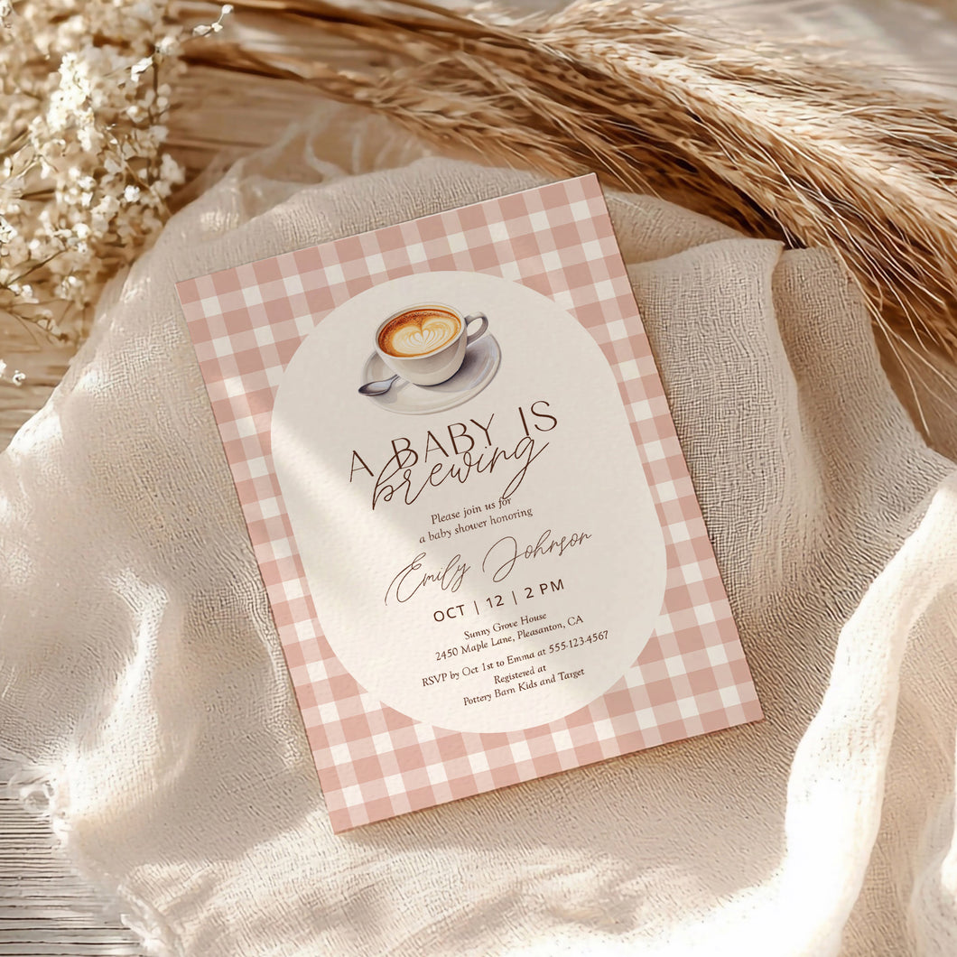 2023 gingham a baby is brewing invite template