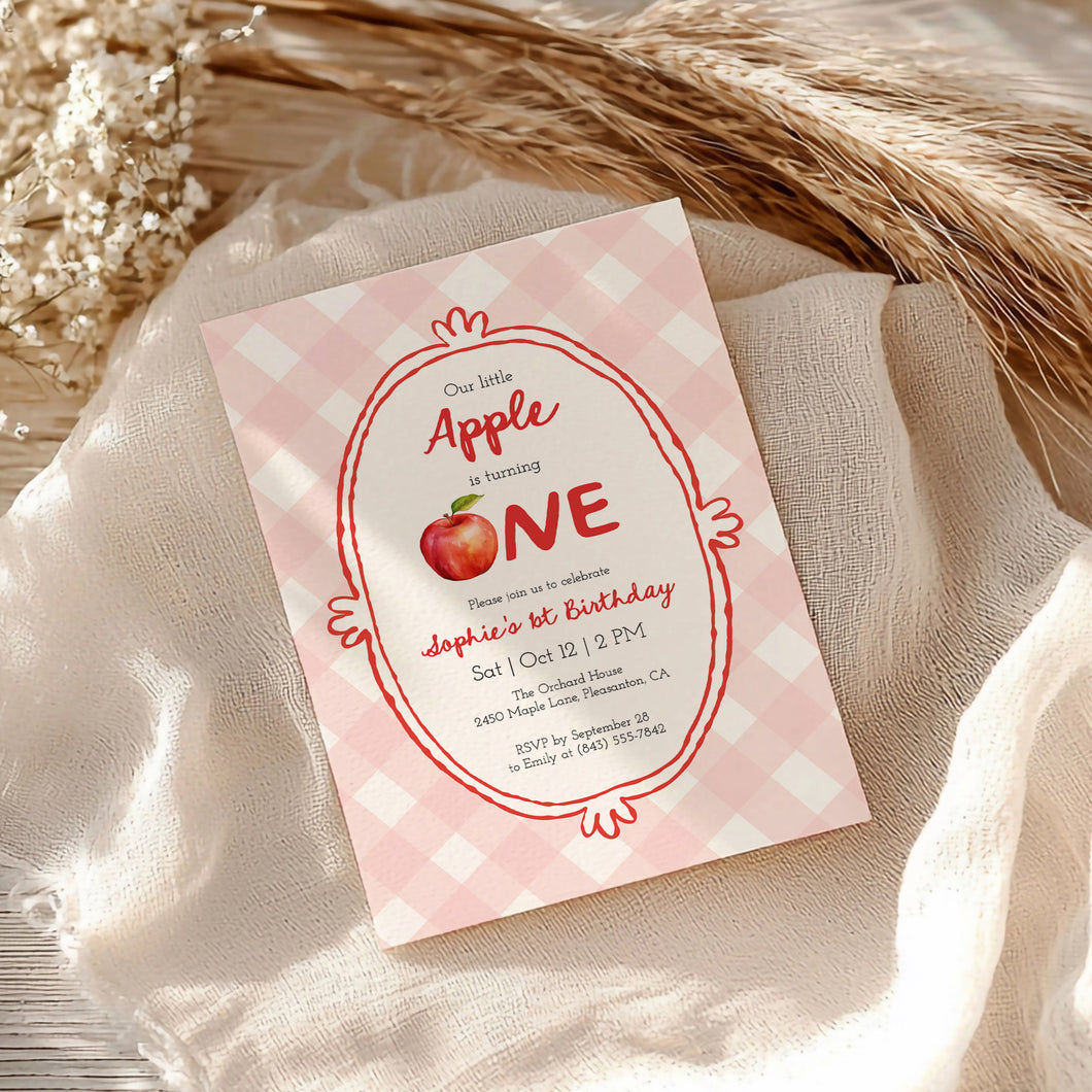 0317 pink little apple ONE birthday invitation