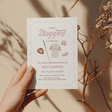 Load image into Gallery viewer, Corjl editable pink little slugger in on the way baby shower invitation 2016
