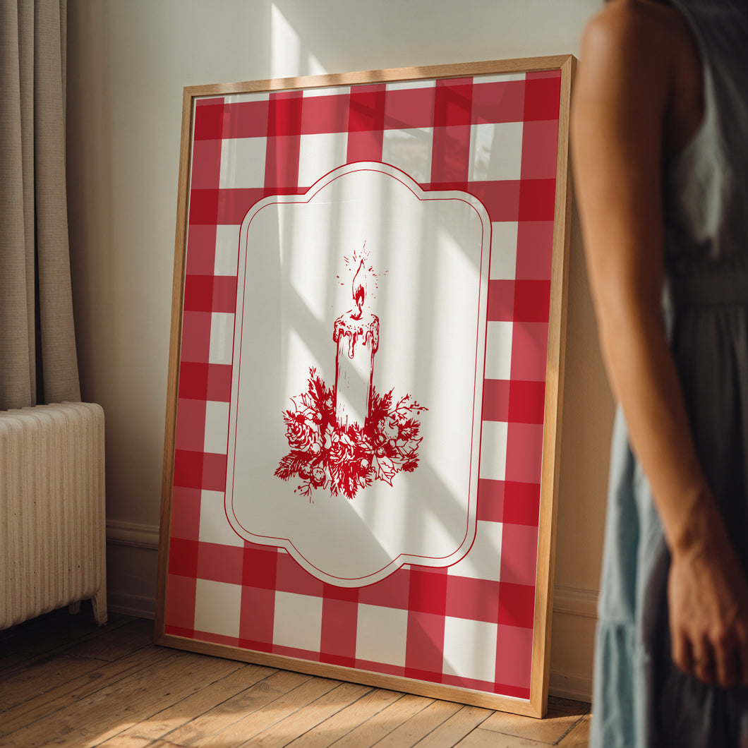 Vintage red gingham Christmas candle art print 13-228