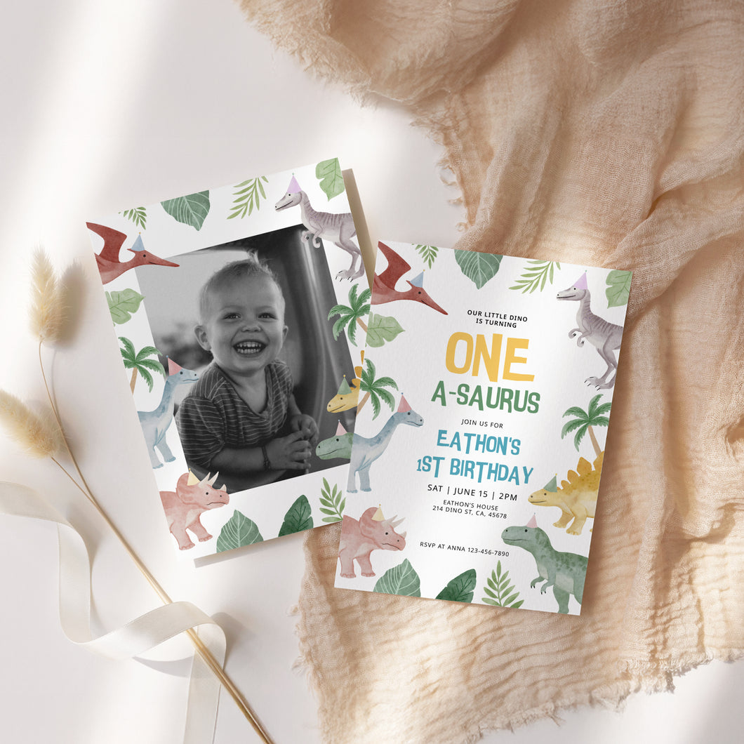0323 Dinosaur One-a-Saurus 1st Birthday Invitation, Printable Dinosaur Editable invite template, digital download
