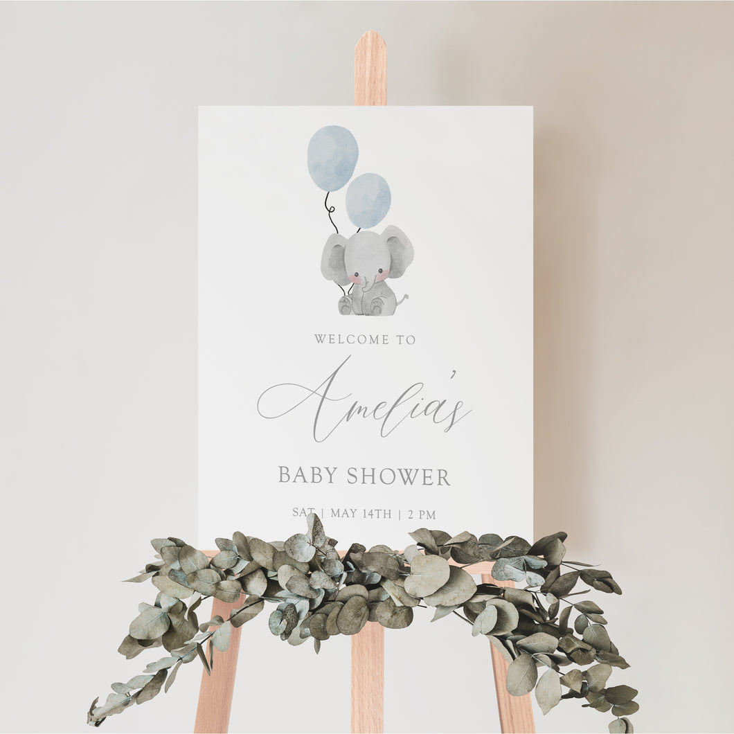 2031 Blue Elephant Boys baby shower welcome sign template, digital download