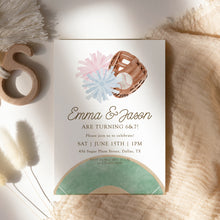 Load image into Gallery viewer, Cheer and Baseball Siblings Birthday Invitation, Twins Joint Sports Party Invite Template 0334
