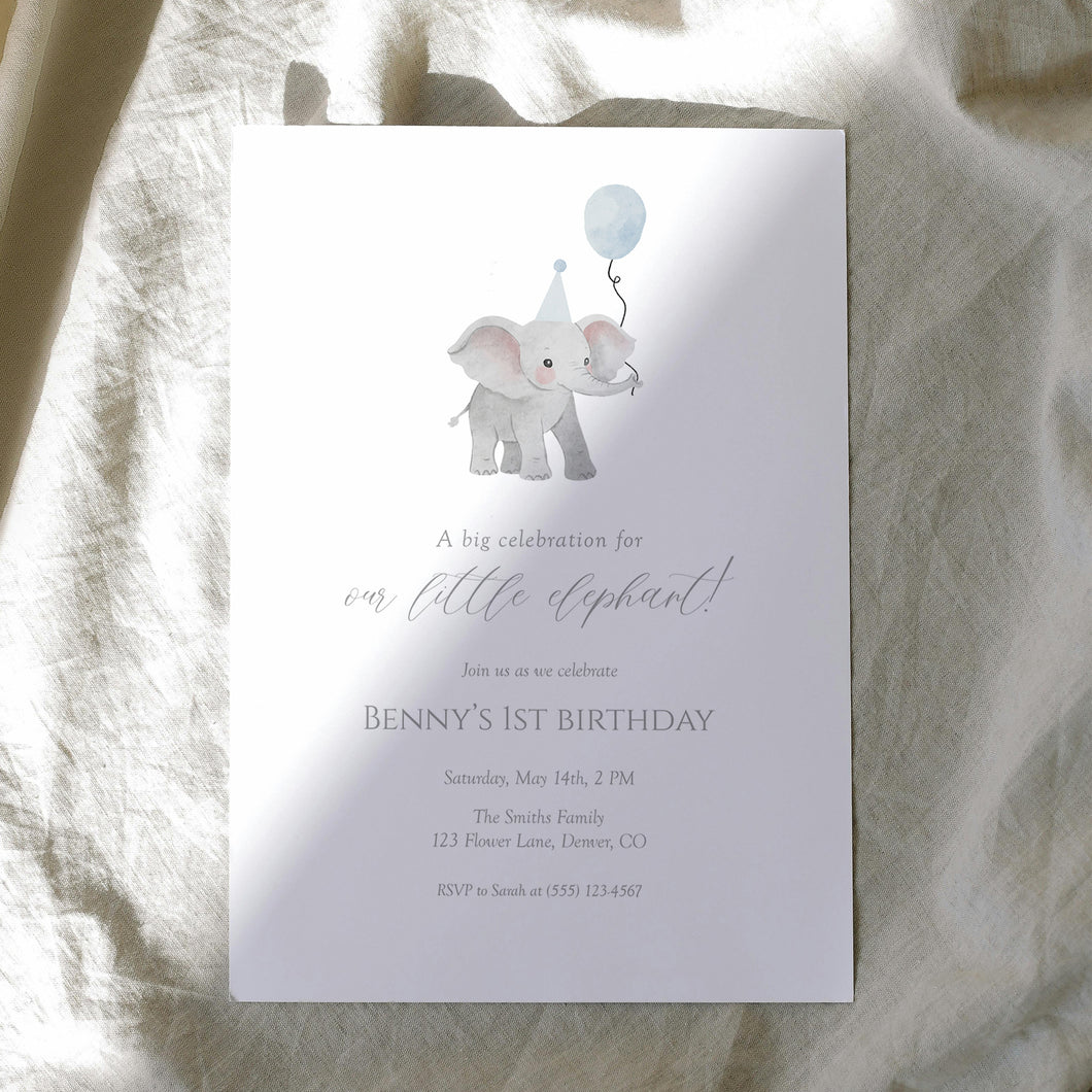 Blue Elephant Boys 1st Birthday Invite, Editable Digital Download Template 0324