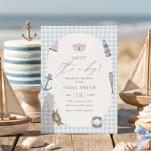 Load image into Gallery viewer, Boy Baby Shower Invitation, Blue Gingham Preppy Editable Template 2045
