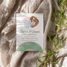 Load image into Gallery viewer, Cheer and Baseball Siblings Birthday Invitation, Twins Joint Sports Party Invite Template 0334
