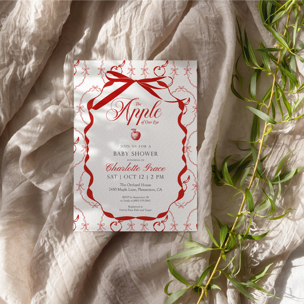 2020 red apple baby shower invitation