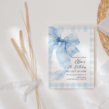 Load image into Gallery viewer, 0318 blue plaid bow birthday invitation
