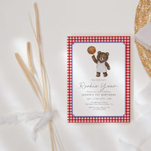 Load image into Gallery viewer, Rookie Year Basketball Teddy Bear Sports 1st Birthday Invitation Template, Red Gingham First Bday Party 0333
