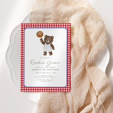 Load image into Gallery viewer, Rookie Year Basketball Teddy Bear Sports 1st Birthday Invitation Template, Red Gingham First Bday Party 0333

