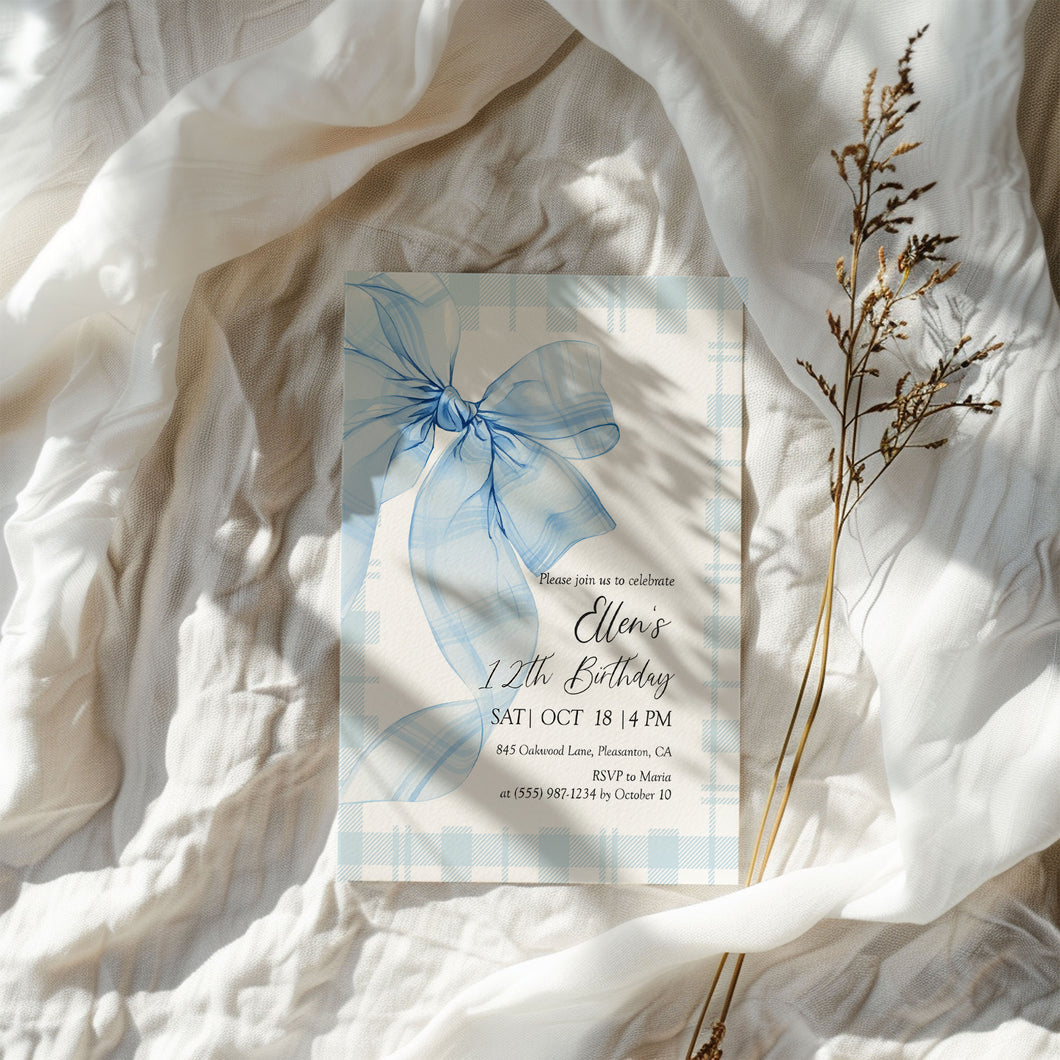 0318 blue plaid bow birthday invitation