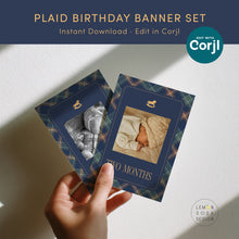 Load image into Gallery viewer, 0327 Navy Tartan Teddy Bear First Birthday Photo Banner Template, Digital Download
