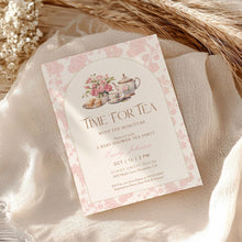 Load image into Gallery viewer, 2023 Pink toile pattern time for tea baby shower invite template
