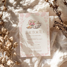 Load image into Gallery viewer, 2023 Pink toile pattern time for tea baby shower invite template
