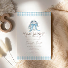 Load image into Gallery viewer, Some Bunny Baby Shower Invitation Blue Gingham Easter Spring Bunny Template 2038
