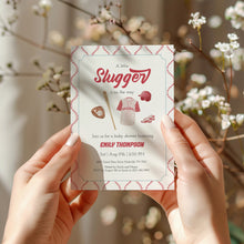Load image into Gallery viewer, Corjl editable red little slugger in on the way baby shower invitation 2016
