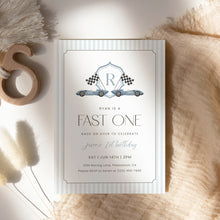 Load image into Gallery viewer, Fast One Blue Monogram Crest 1st Birthday Invitation Editable, Boys Birthday 0330
