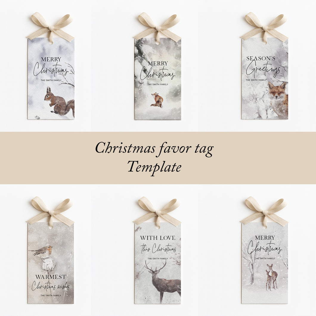 2027 Winter Wonderland Animal Christmas Favor Tag Template, Editable Holiday Gift Tag, Printable Party Thank You Tag