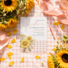 Load image into Gallery viewer, Pink Sunflower Birthday Invitation Watercolor Gingham Baby Girl Summer Template 0340

