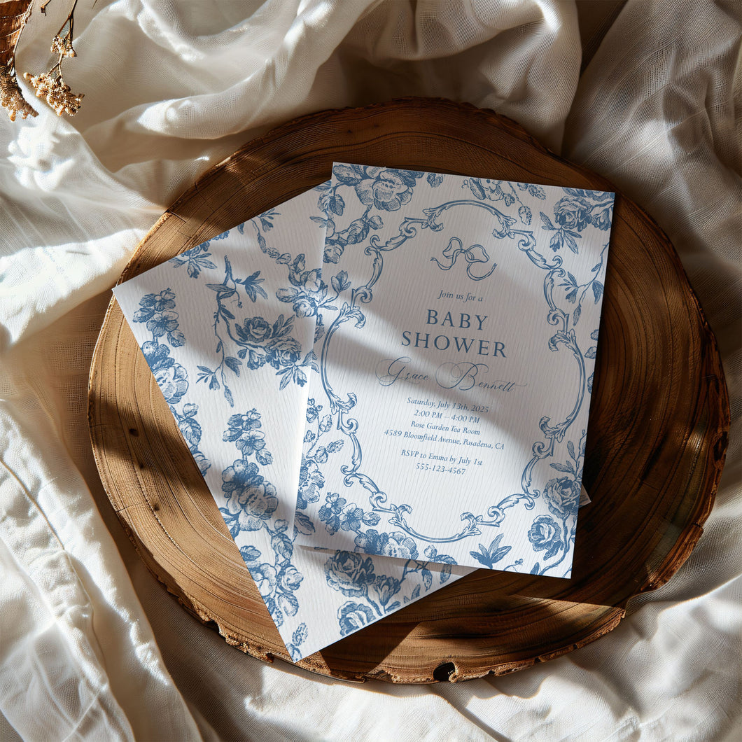 Corjl editable blue tolie de jouy baby shower invitation template 2 2015