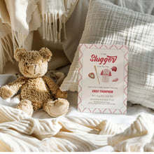 Load image into Gallery viewer, Corjl editable red little slugger in on the way baby shower invitation 2016
