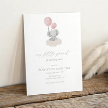 Load image into Gallery viewer, Pink Baby girl Elephant 1st Birthday invitation, Editable Digital Download Template 0324
