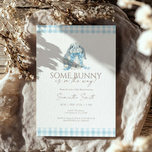Load image into Gallery viewer, Some Bunny Baby Shower Invitation Blue Gingham Easter Spring Bunny Template 2038

