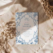 Load image into Gallery viewer, Corjl editable blue tolie de jouy baby shower invitation template 2 2015
