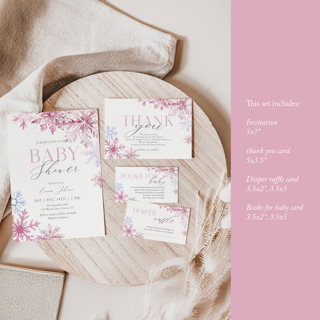 Pink Snowflake Winter Baby Shower Invitation Set, Christmas Baby Shower Mini Bundle Printable, Holiday Baby Shower Invite Diaper Raffle Books for Baby 2024