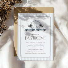 Load image into Gallery viewer, Fast One Blue Monogram Crest 1st Birthday Invitation Editable, Boys Birthday 0330
