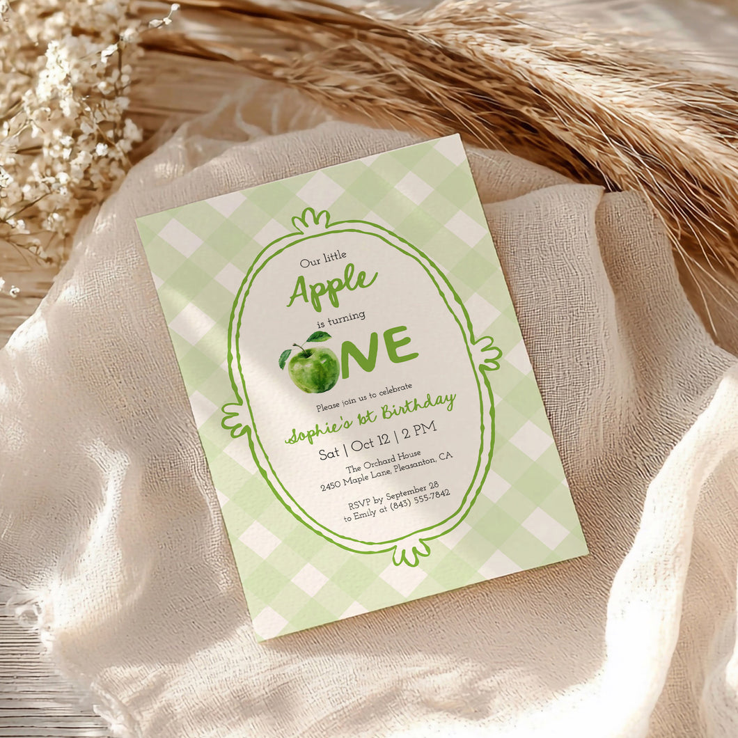 0317 green little apple birthday invitation