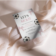 Load image into Gallery viewer, Pink Bow Soccer Birthday Invitation for Girls, Sports Girl Party, Coquette Birthday Invite Template 03312
