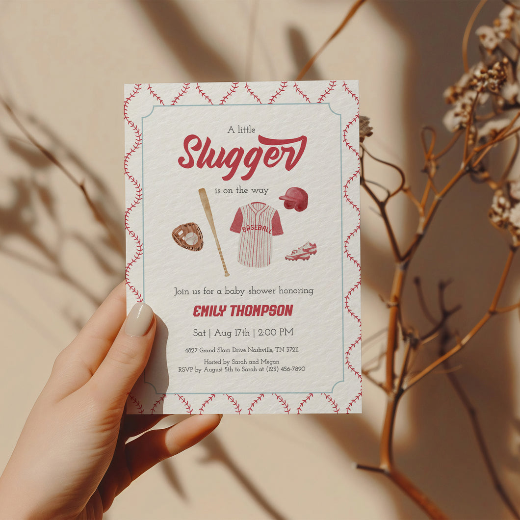 Corjl editable red little slugger in on the way baby shower invitation 2016