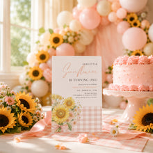 Load image into Gallery viewer, Pink Sunflower Birthday Invitation Watercolor Gingham Baby Girl Summer Template 0340
