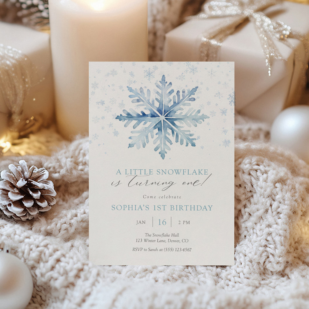 0319 Blue Winter Snowflake 1st Birthday Invitation, Blue Winter ONE-derland First Birthday Party Invite