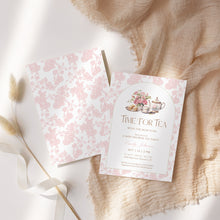 Load image into Gallery viewer, 2023 Pink toile pattern time for tea baby shower invite template
