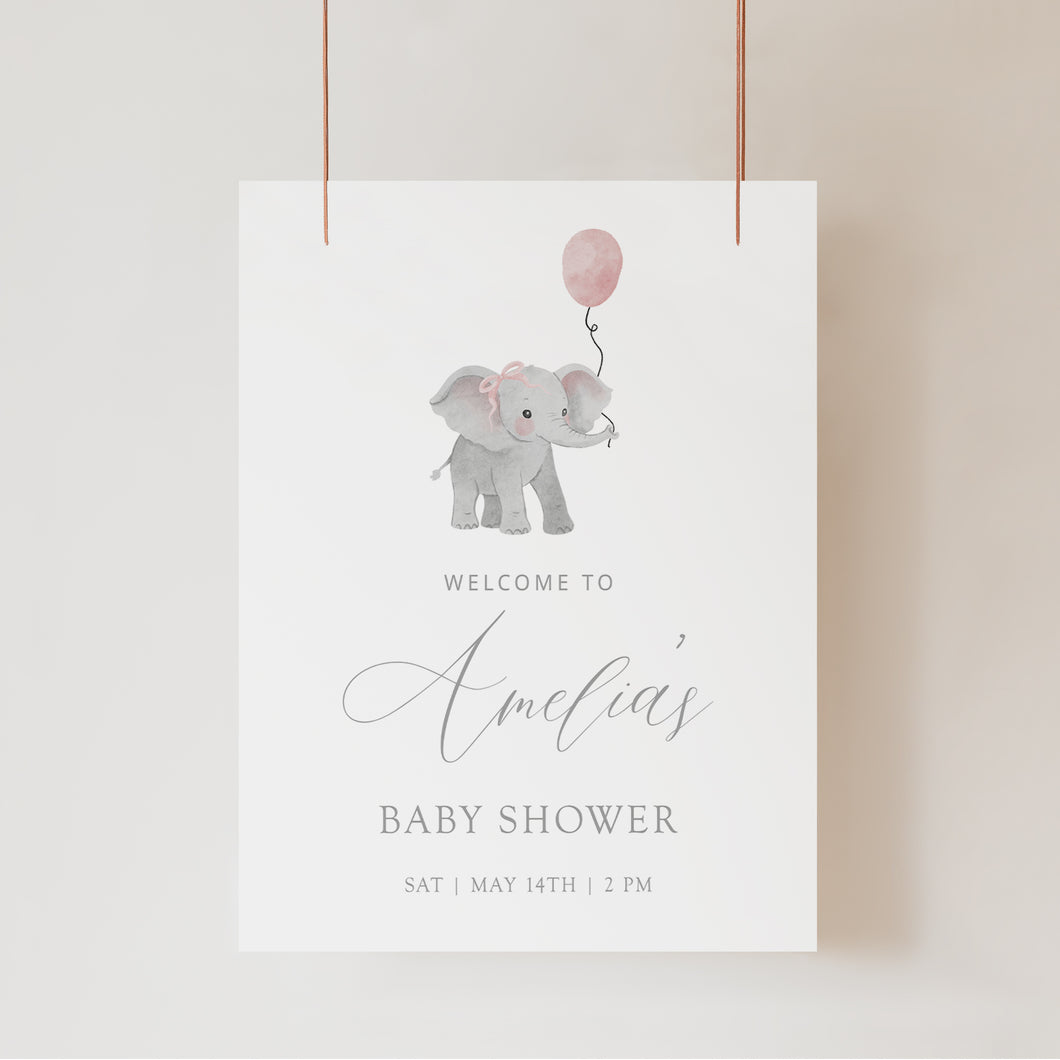 2031 Pink Elephant Girls baby shower welcome sign template, digital download