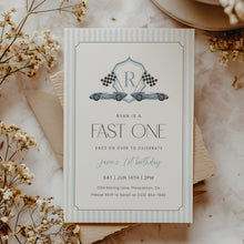 Load image into Gallery viewer, Fast One Blue Monogram Crest 1st Birthday Invitation Editable, Boys Birthday 0330
