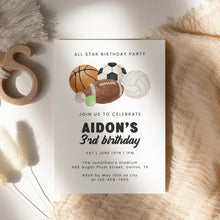 Load image into Gallery viewer, All Star Sports Birthday Invitation for Boys Multi-Sports Balls Party Invite Watercolor Template 0334
