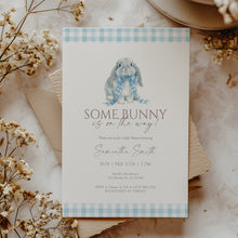 Load image into Gallery viewer, Some Bunny Baby Shower Invitation Blue Gingham Easter Spring Bunny Template 2038

