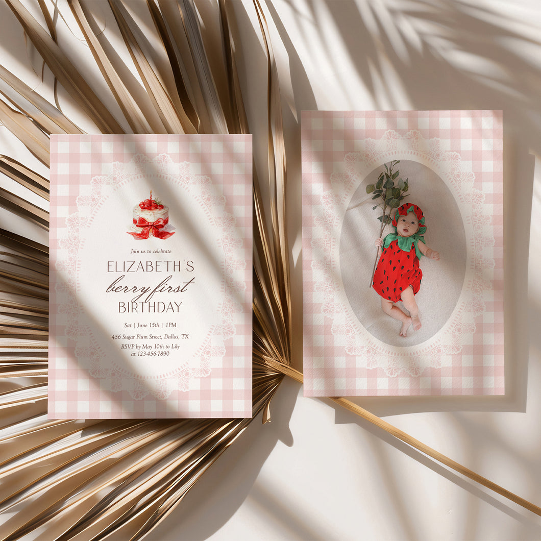0326 Strawberry Berry First Birthday Photo Invite, Editable Gingham Cake Template, Digital Download