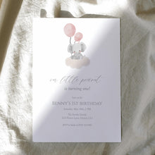 Load image into Gallery viewer, Pink Baby girl Elephant 1st Birthday invitation, Editable Digital Download Template 0324
