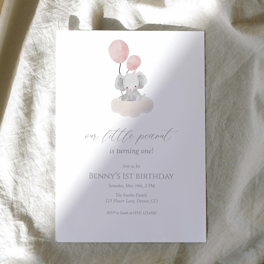 Pink Baby girl Elephant 1st Birthday invitation, Editable Digital Download Template 0324