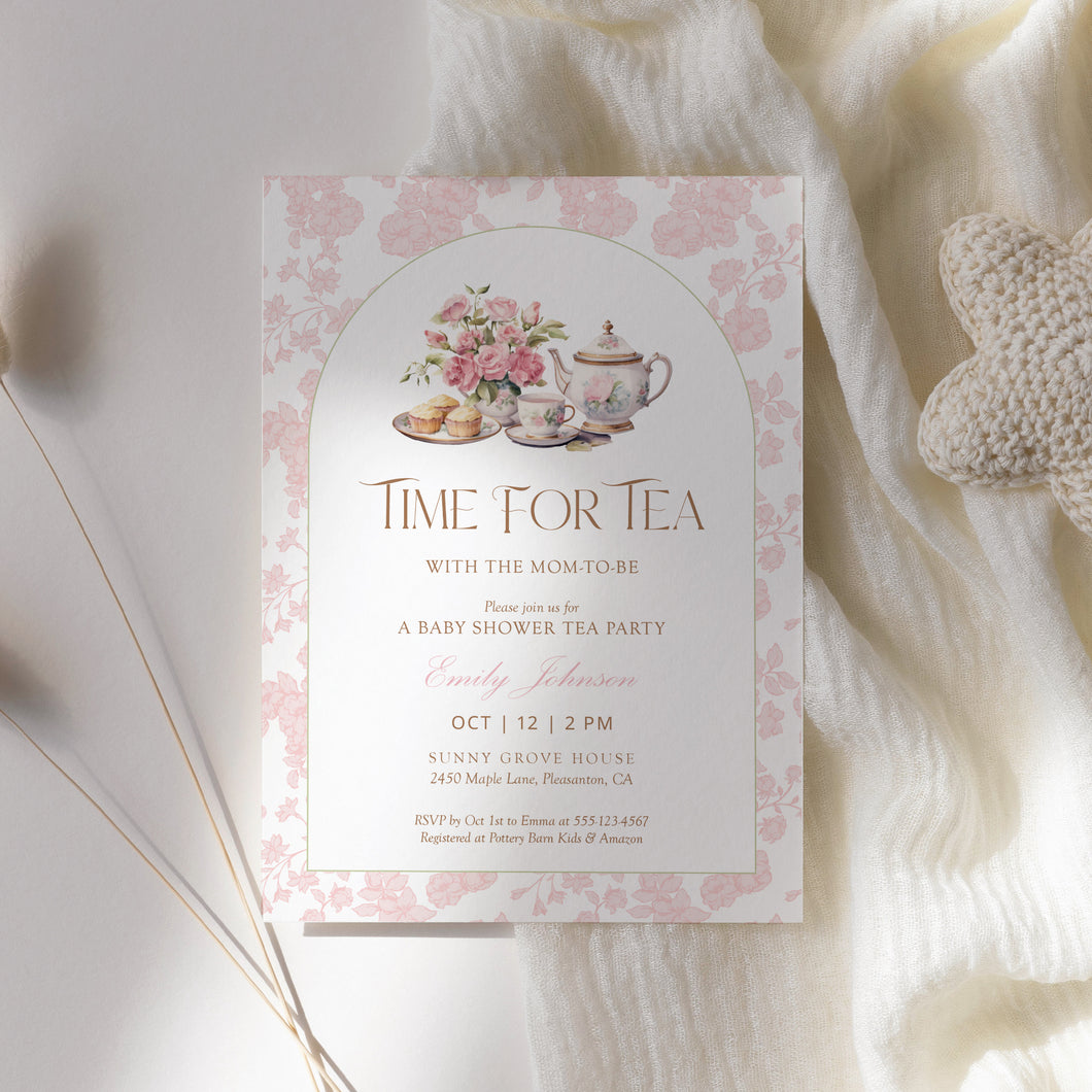 2023 Pink toile pattern time for tea baby shower invite template