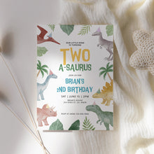 Load image into Gallery viewer, 0323 Dinosaur Two-a-Saurus Birthday Invitation, Printable Dinosaur Editable invite template, digital download
